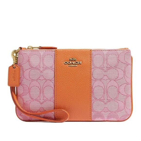 New! COACH Small Wristlet in Signature Jacquard Pebbled Leather B4/Taffy Orange - Picture 1 of 5